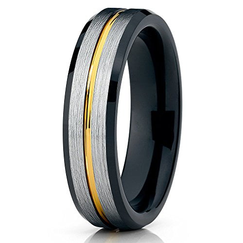Tungsten Carbide Yellow Enameled Stripe Step-Edge Comfort Fit Half-Round Band Ring 
